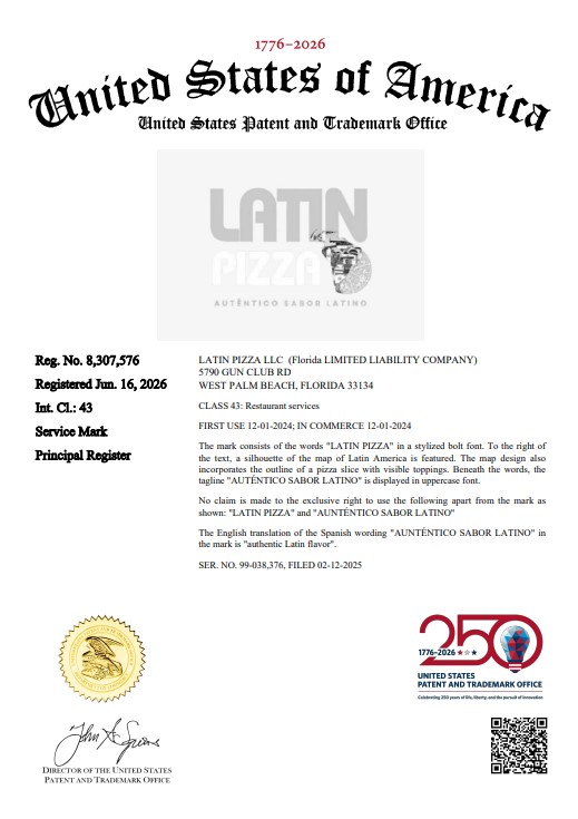Certificado Trademark Latin Pizza